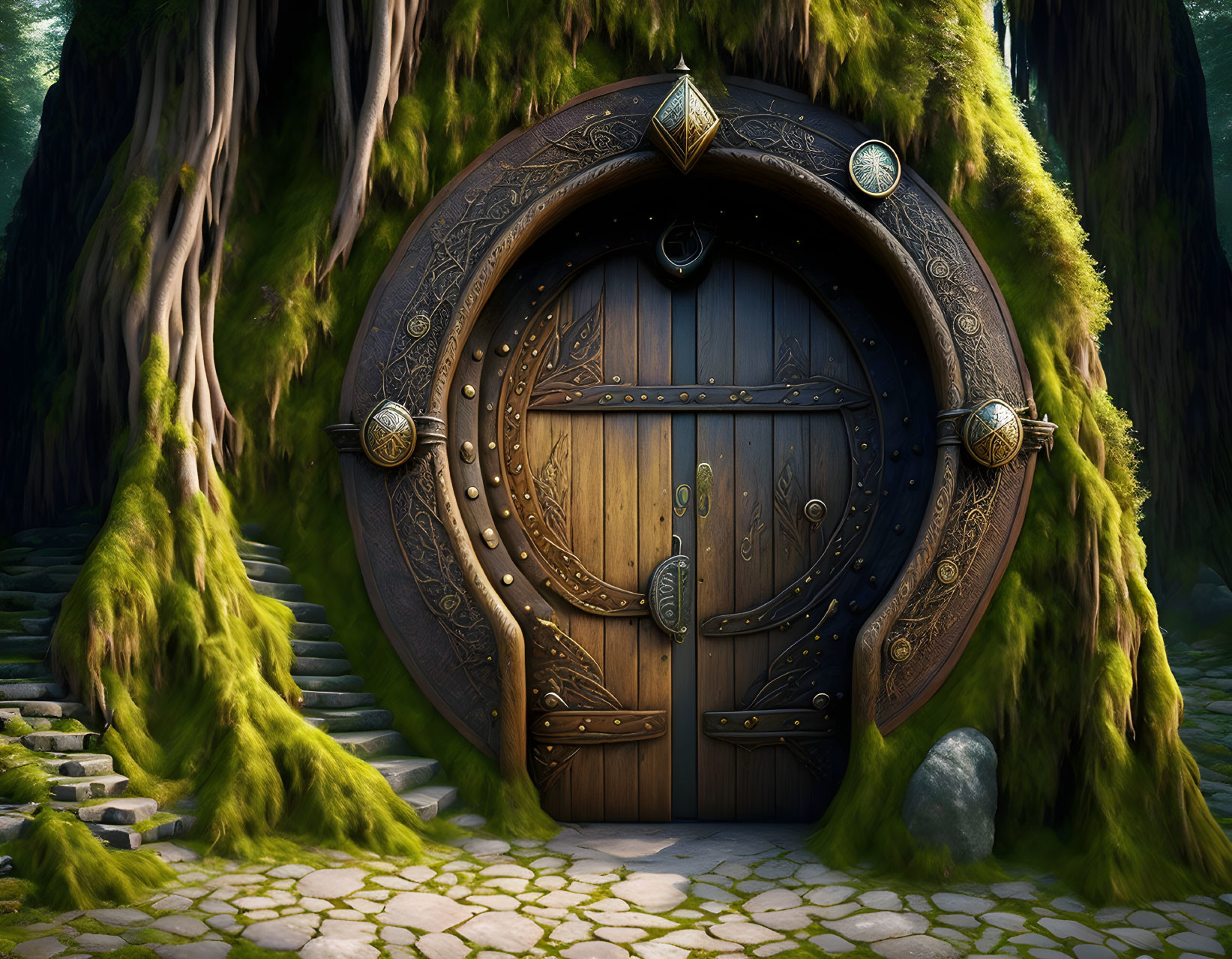 Ornate wooden door in tree trunk with stone steps