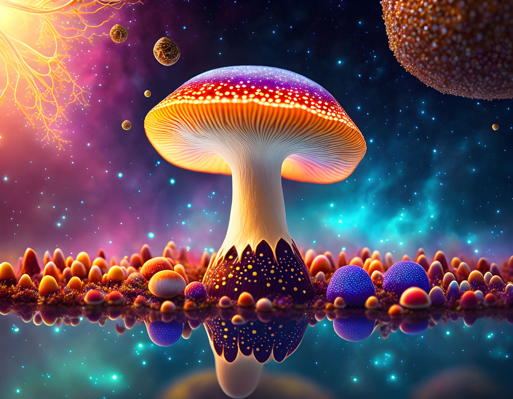 Fantastical mushroom digital art on cosmic background