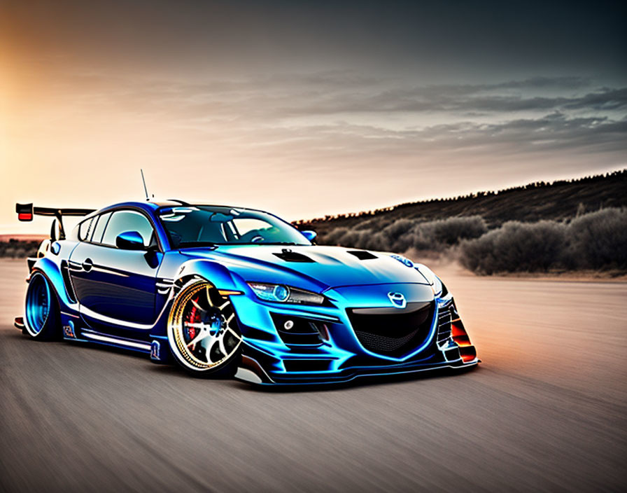 Custom Blue Mazda RX-8 with Body Kit and Rear Wing on Desert Road