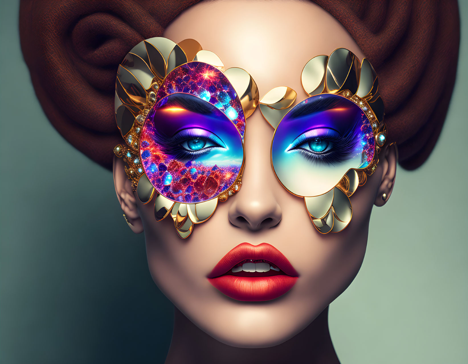 Elaborately styled woman with cosmic sunglasses and vibrant makeup