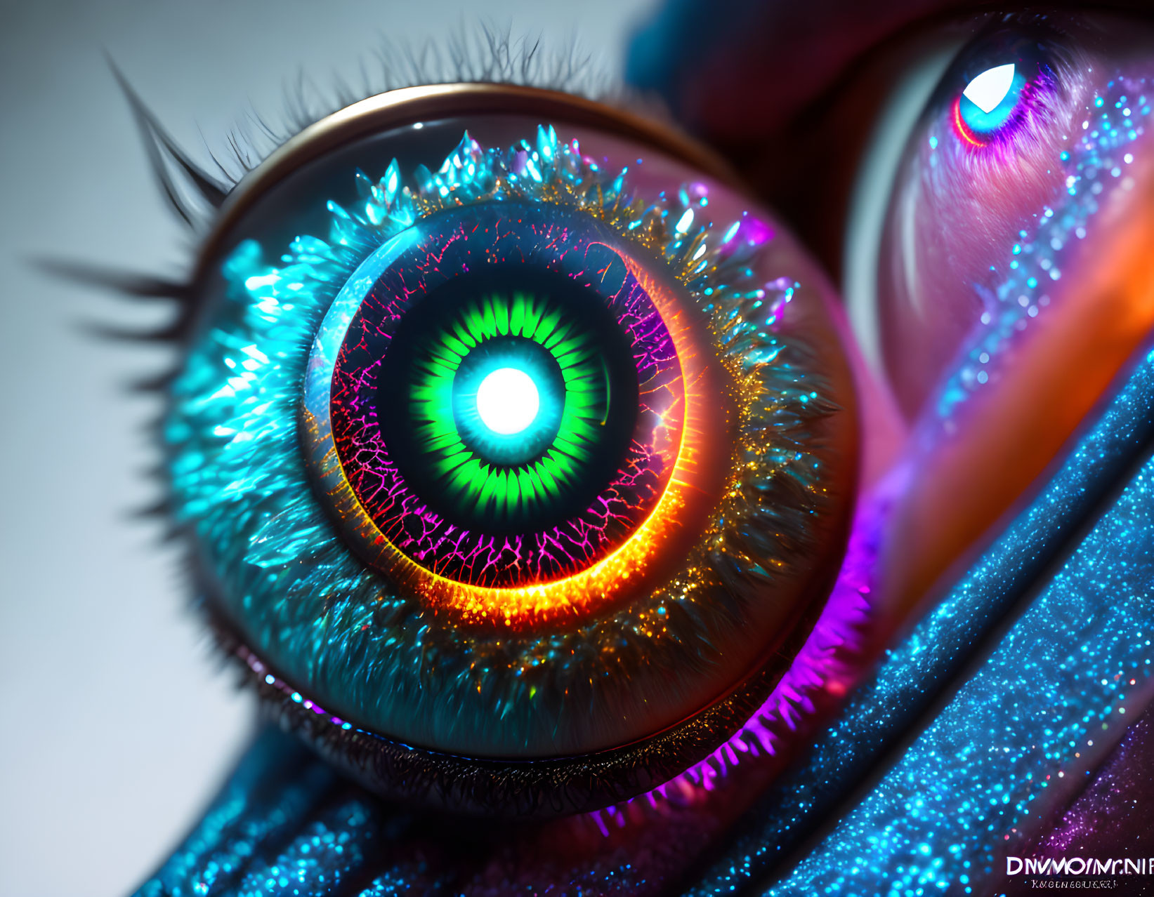 Detailed close-up of vibrant, colorful mechanical eye with glowing patterns.