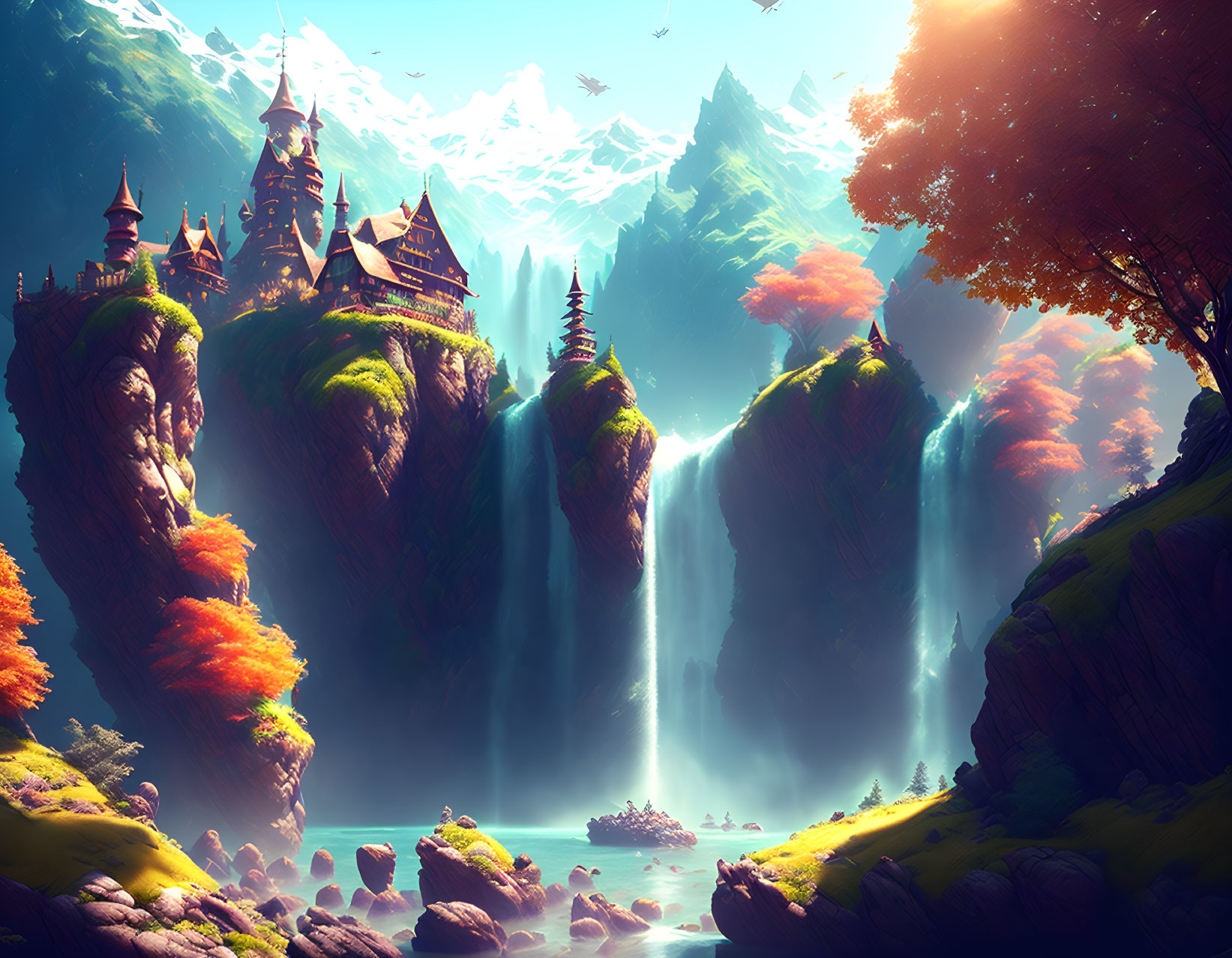 Fantasy landscape with castles, waterfalls, autumn trees, river, and birds