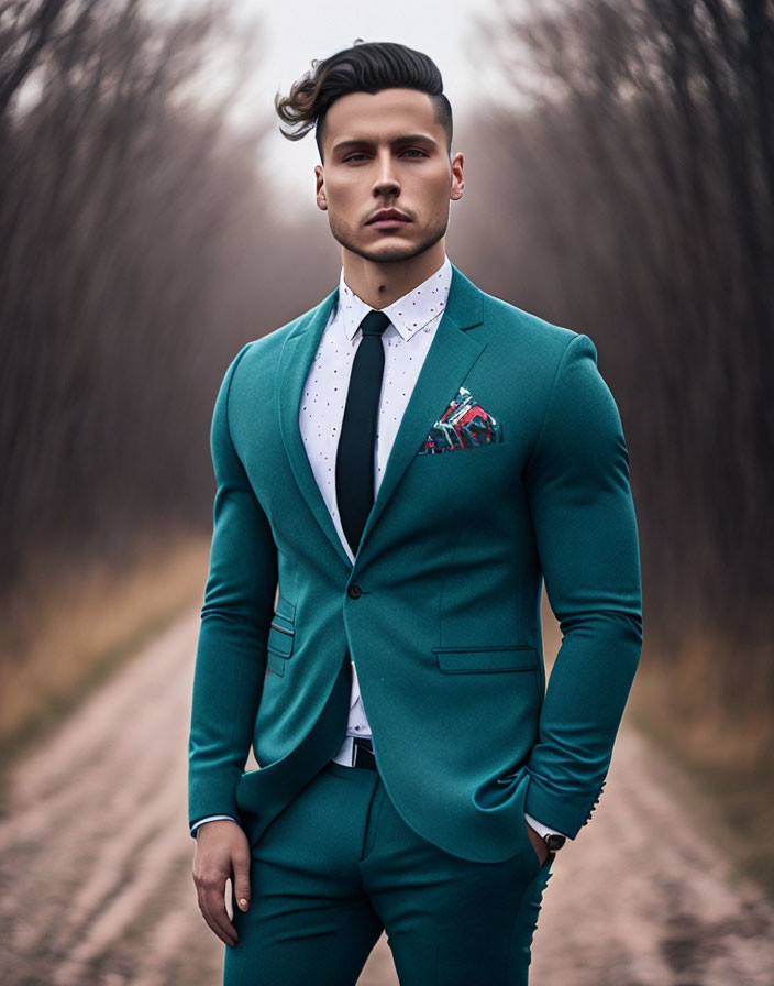 Fashionable Man in Teal Suit on Forest Path