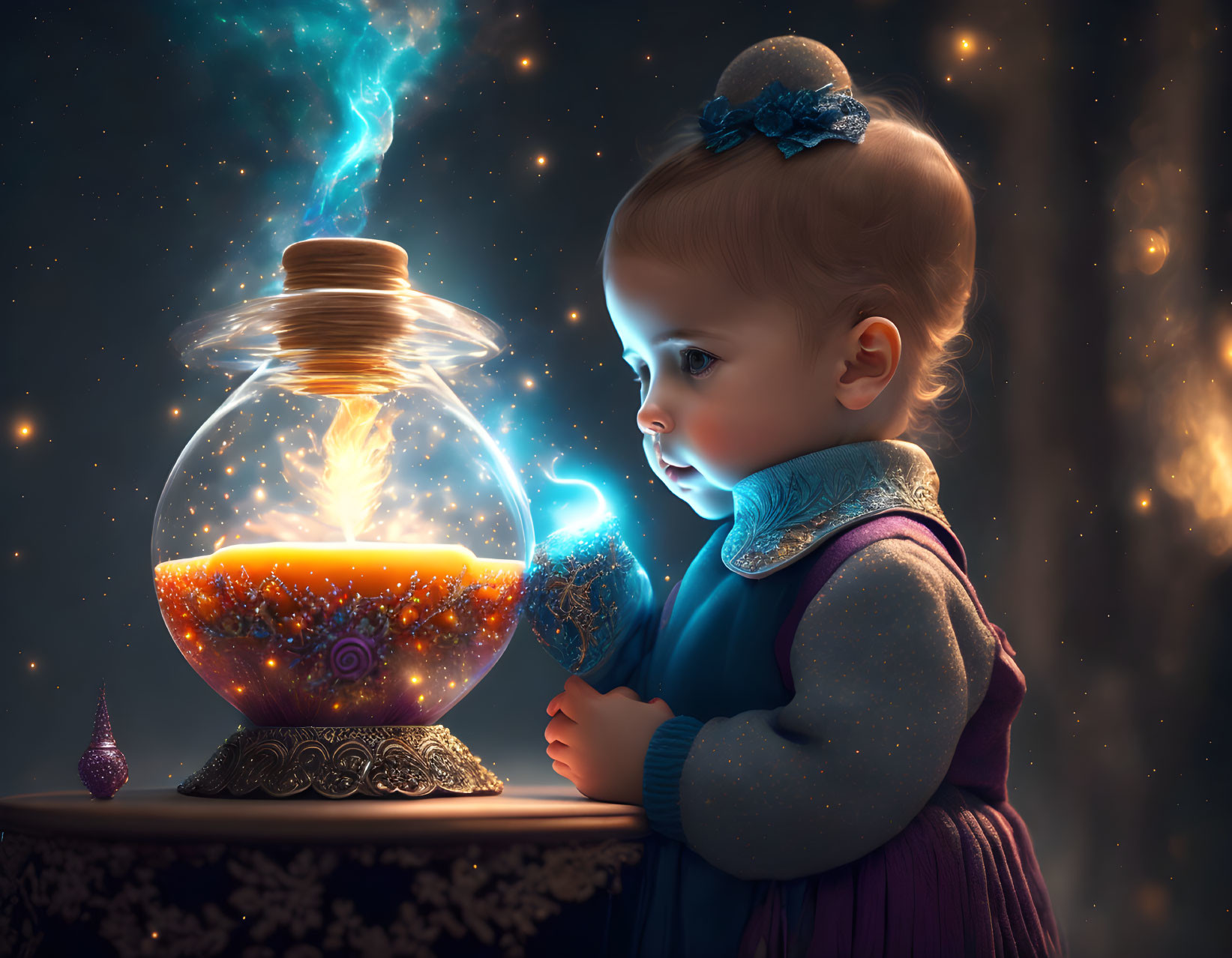 Toddler mesmerized by magical orb on vintage pedestal