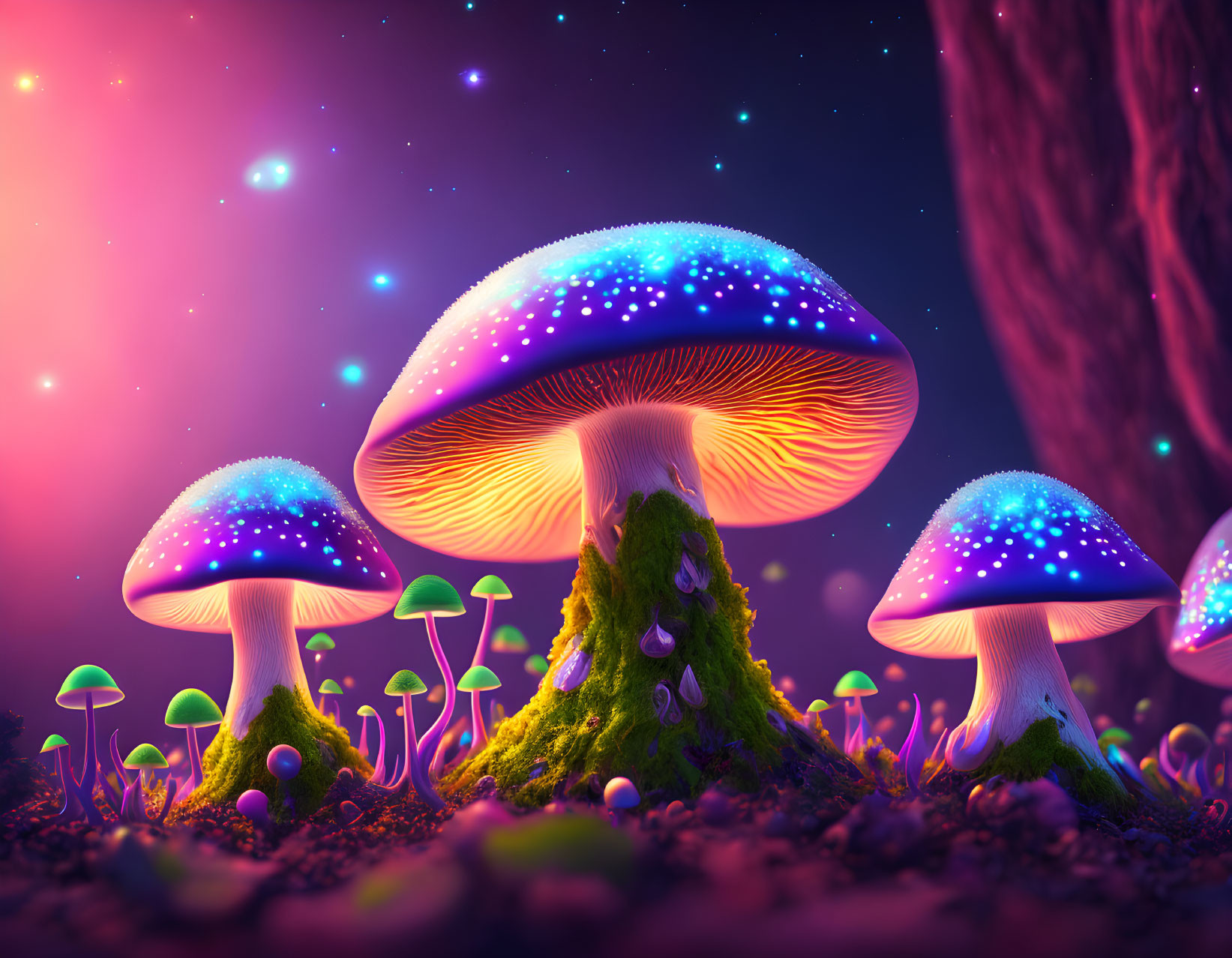 Bioluminescent Mushroom Digital Art in Fantastical Forest