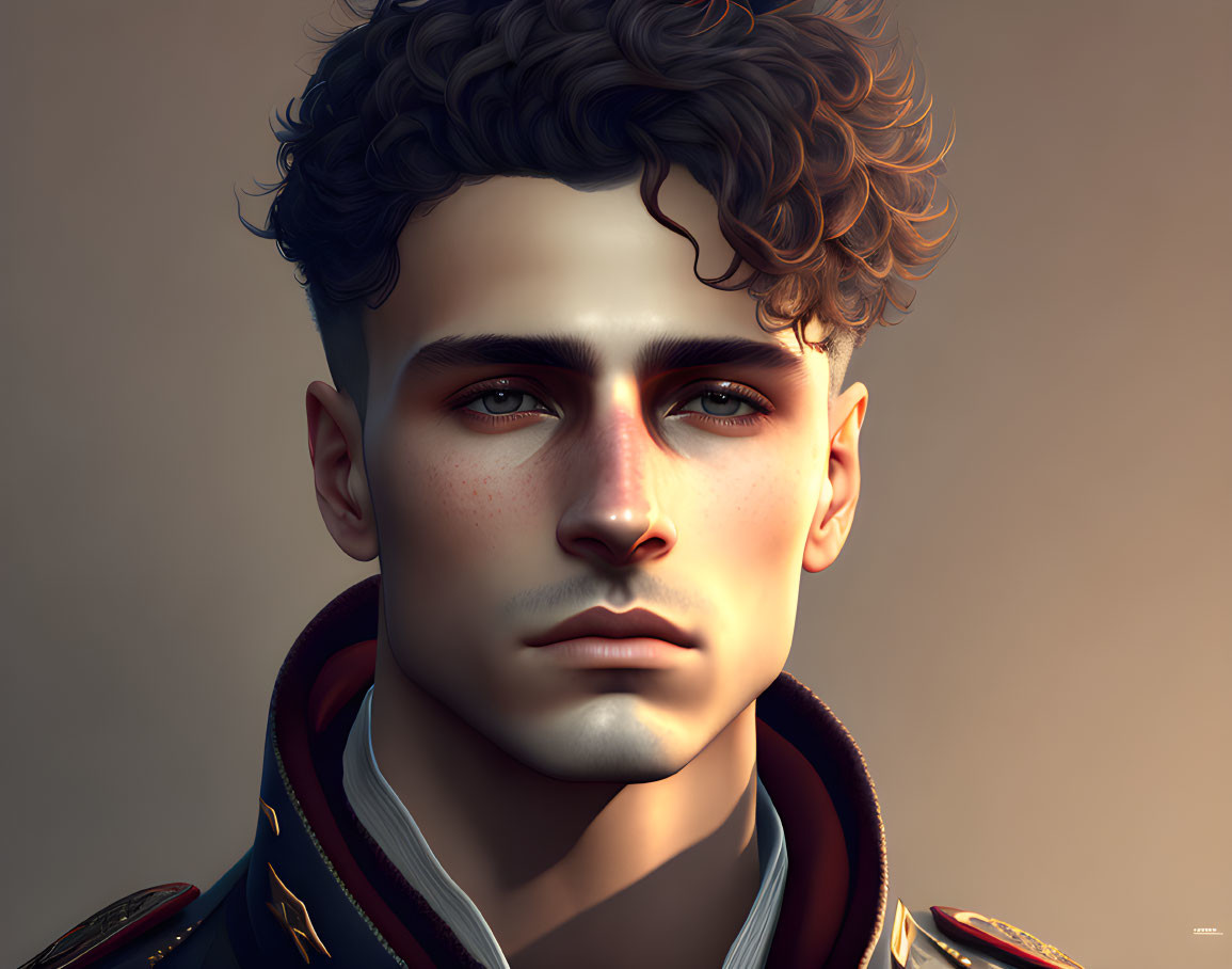 Young man with curly hair in military-style jacket portrait.