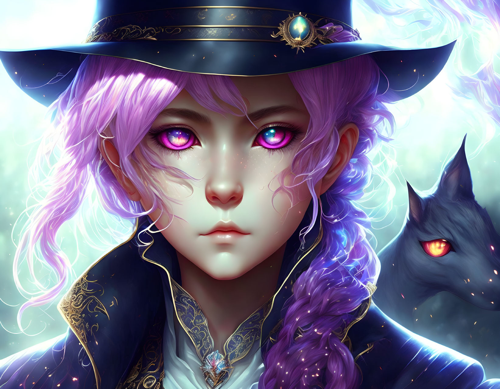 Digital artwork: Purple-haired character with magenta eyes, adorned hat, and red-eyed black cat.