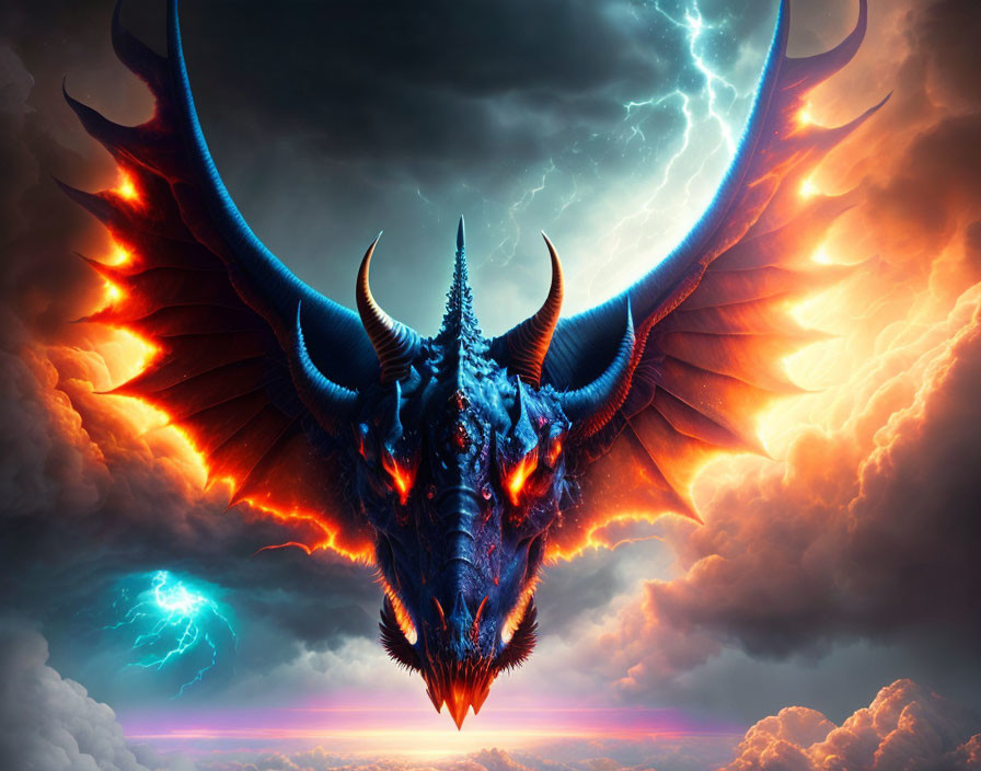 Blue dragon with glowing eyes and horns in stormy sky