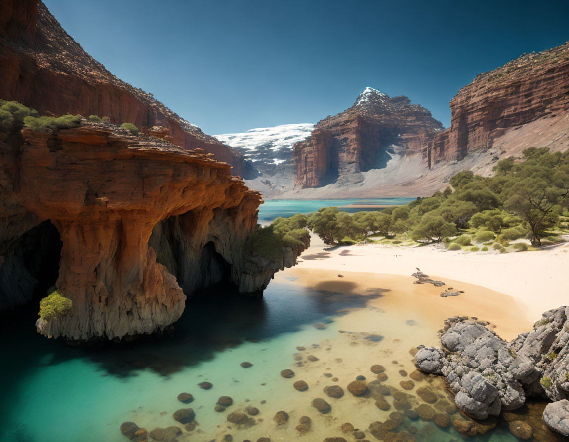 Tranquil Oasis: Turquoise Waters, Red Rock Cliffs