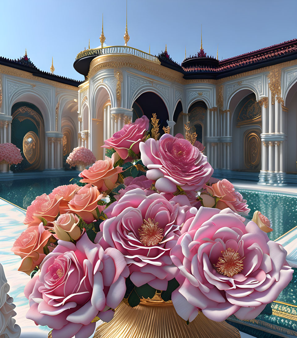 Colorful oversized roses in ornate palace courtyard with arches and pools.