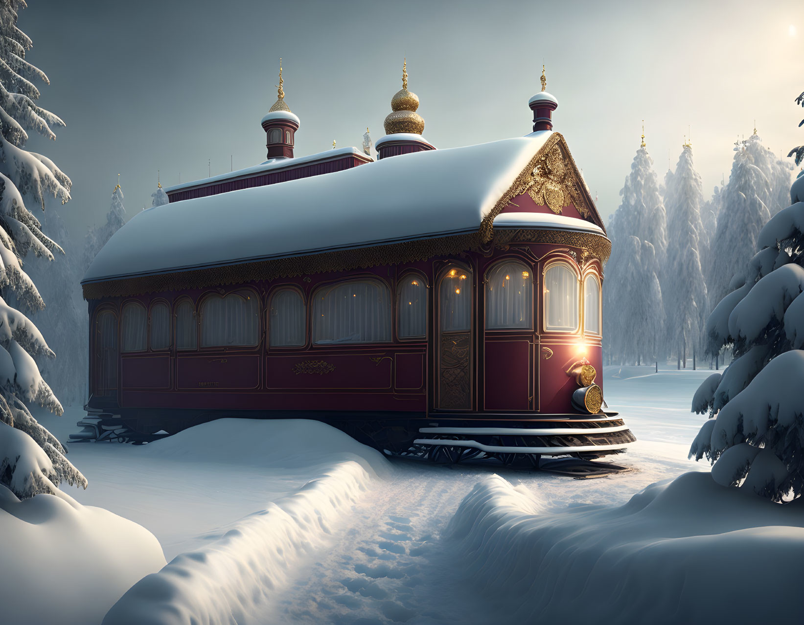 Vintage Train Carriage in Snowy Landscape at Dusk