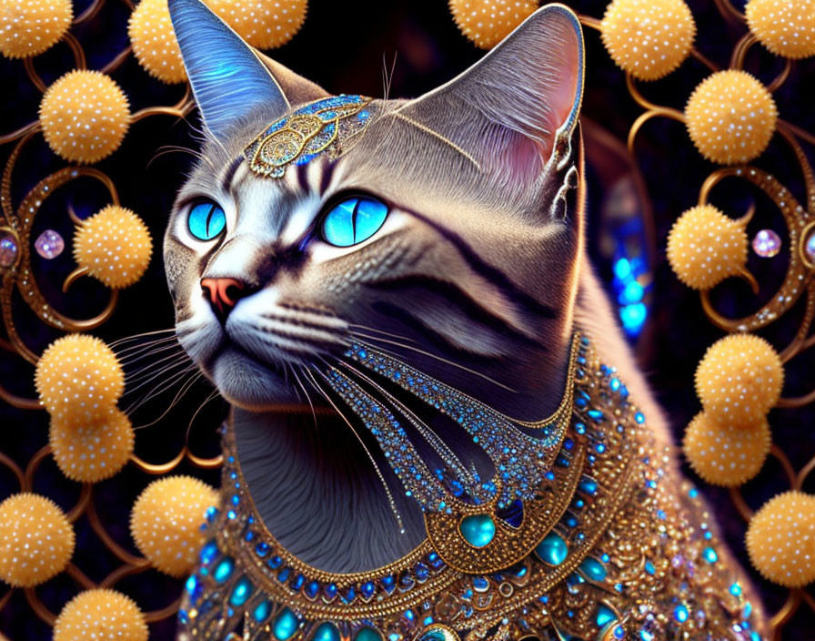 Digitally modified cat with blue eyes and jewelry on ornate background.