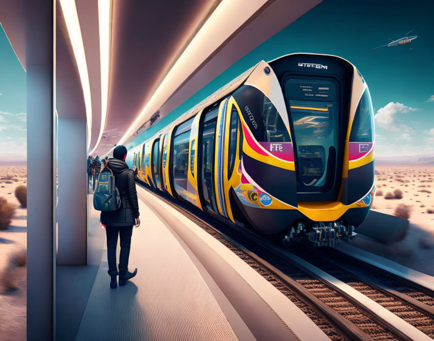 Futuristic desert train platform with modern yellow and black train