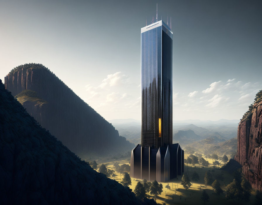 Futuristic skyscraper in scenic valley at sunrise or sunset