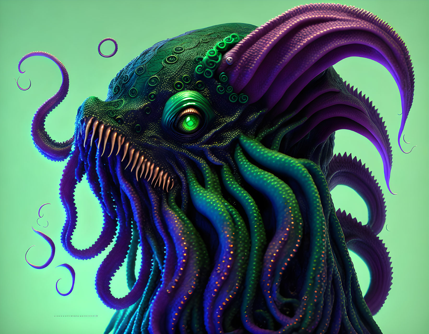 Colorful 3D cephalopod creature with iridescent tentacles and green eye