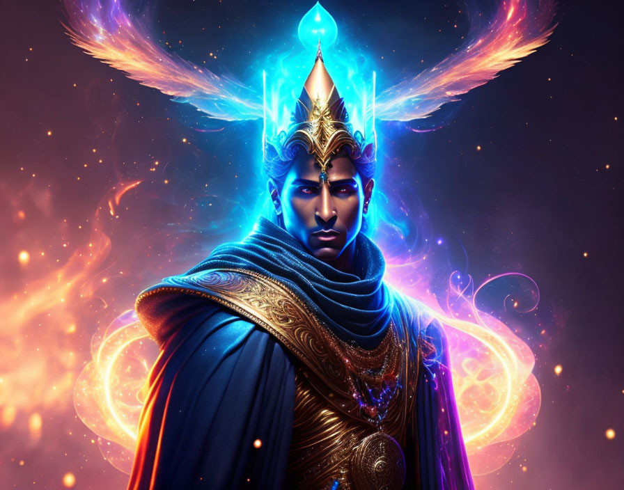 Majestic figure with glowing crown and fiery wings in cosmic setting