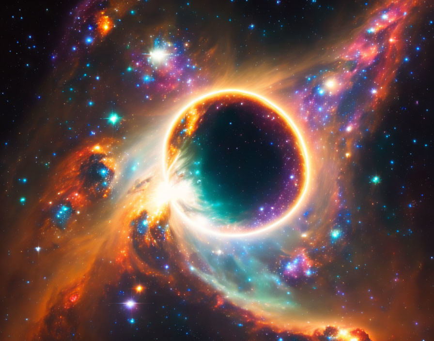 Colorful space scene with black hole, cosmic gases, and stars