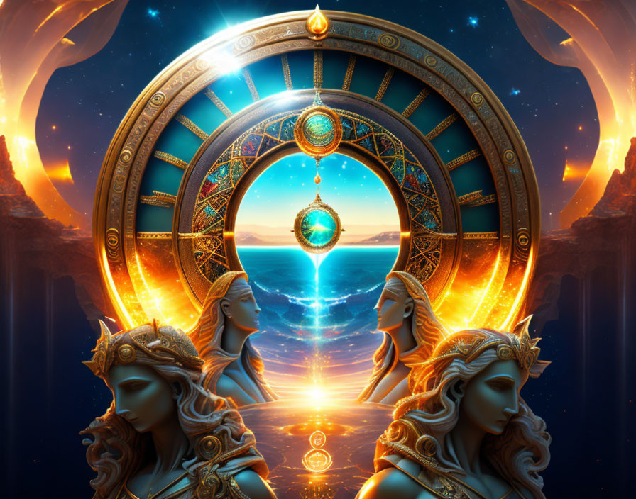 Golden Gateway with Mysterious Symbols, Statues, and Blue Energy Path