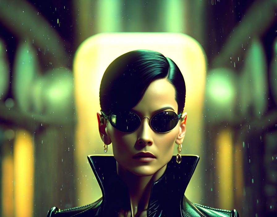 Stylized portrait of woman with slicked-back hair and sunglasses in neon-lit urban setting