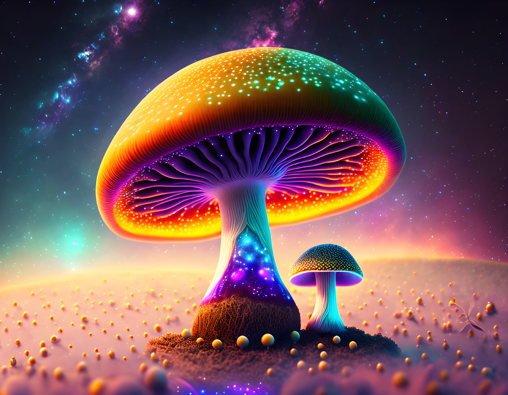 Digital artwork: Luminescent mushrooms on alien planet with starry sky