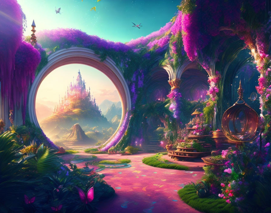 Fantasy landscape with arched gateway, castle, lush flora, gardens, and butterflies.