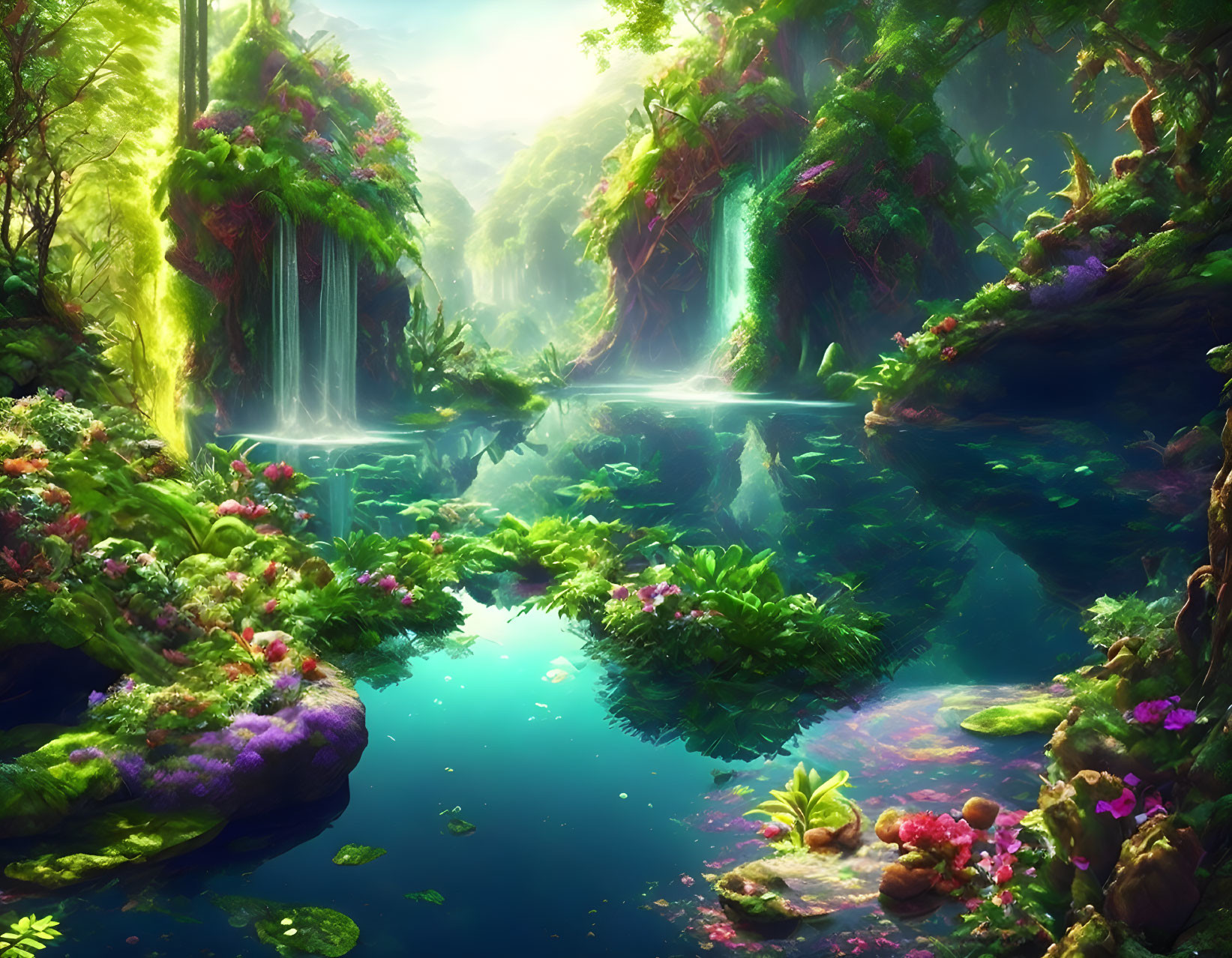 Tranquil forest scene with waterfalls, greenery, and blue pond