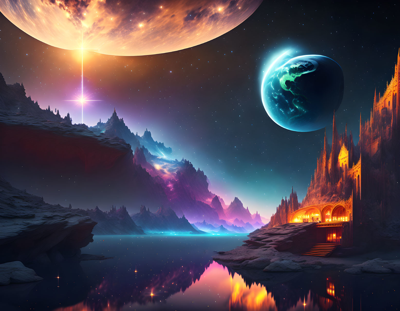 Vibrant fantasy landscape with planet, moon, lake, nebulae, mountains, and star