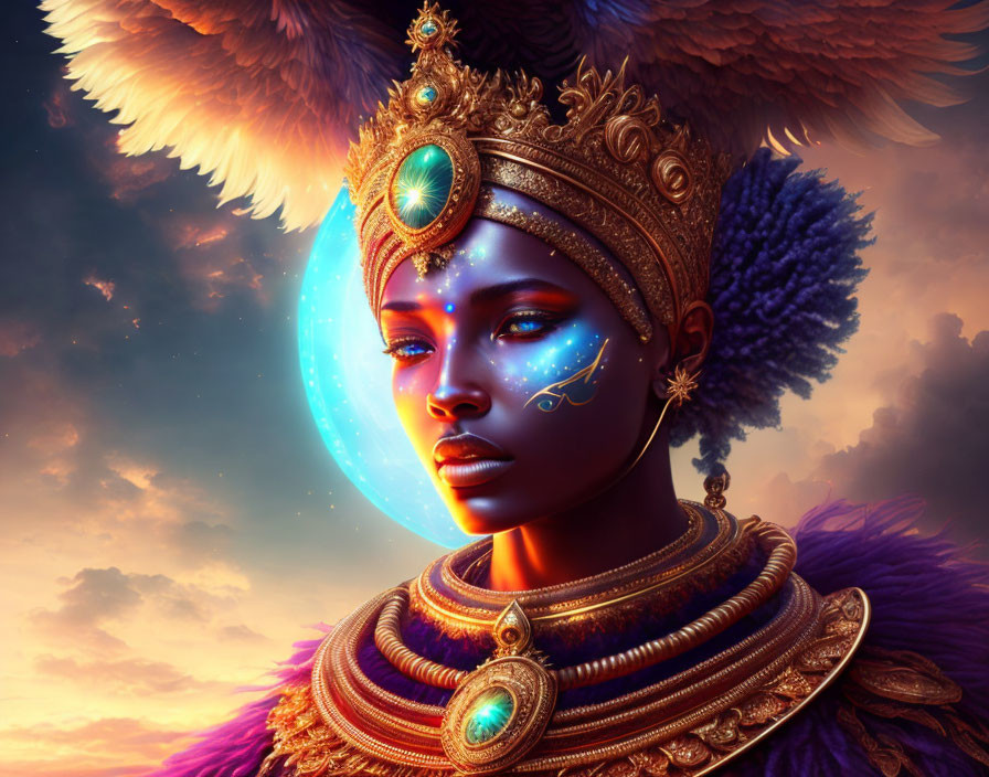 Elaborate Golden Headgear and Jewelry with Striking Feathers and Ethereal Blue Glow