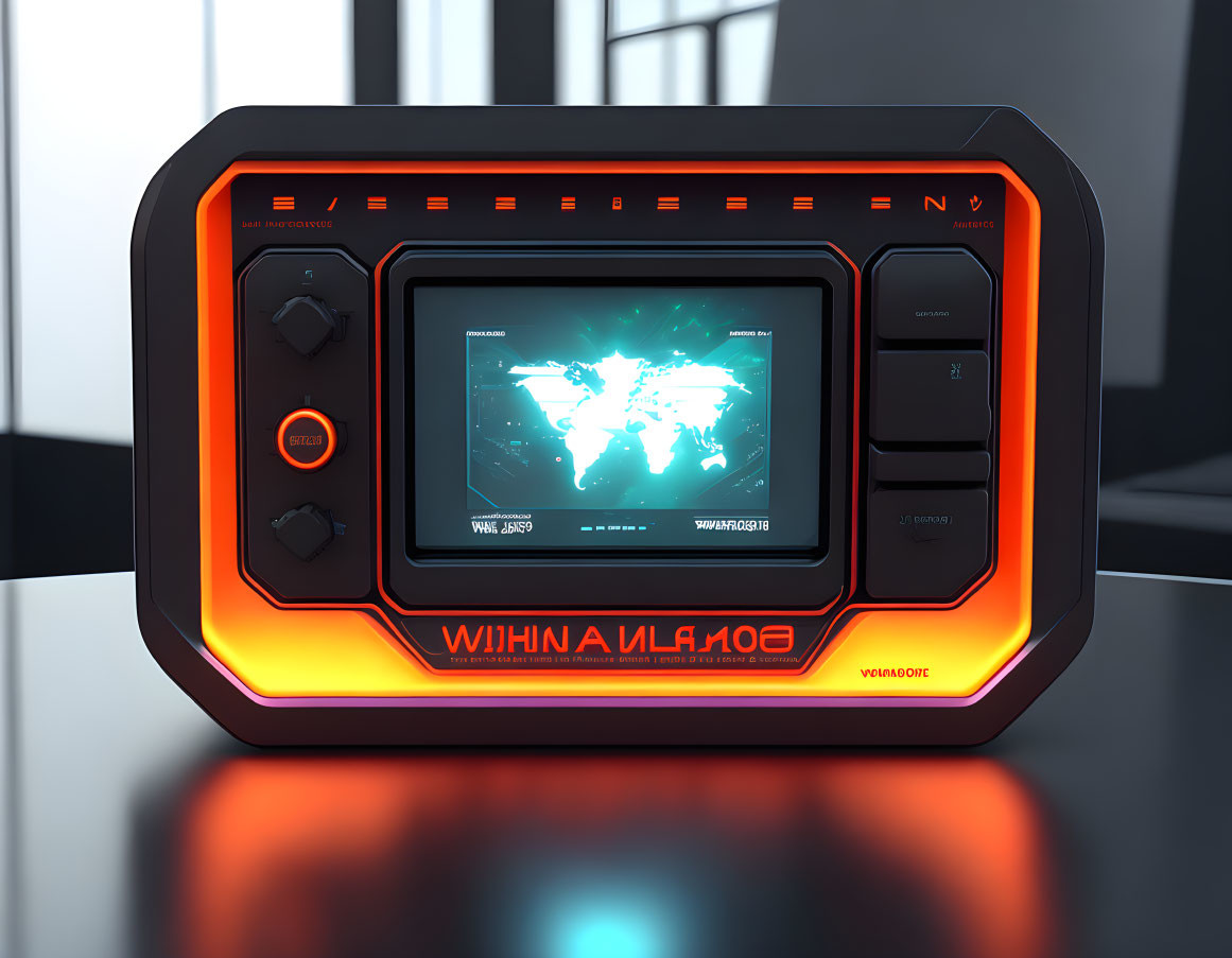 Glowing orange border futuristic device with world map screen and buttons