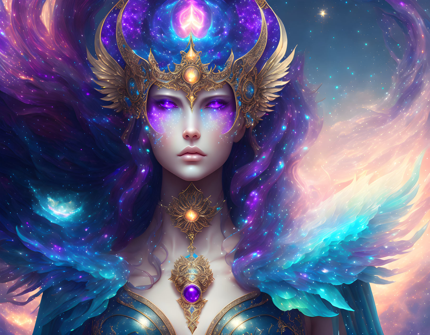 Purple-skinned female figure in celestial headdress on cosmic background