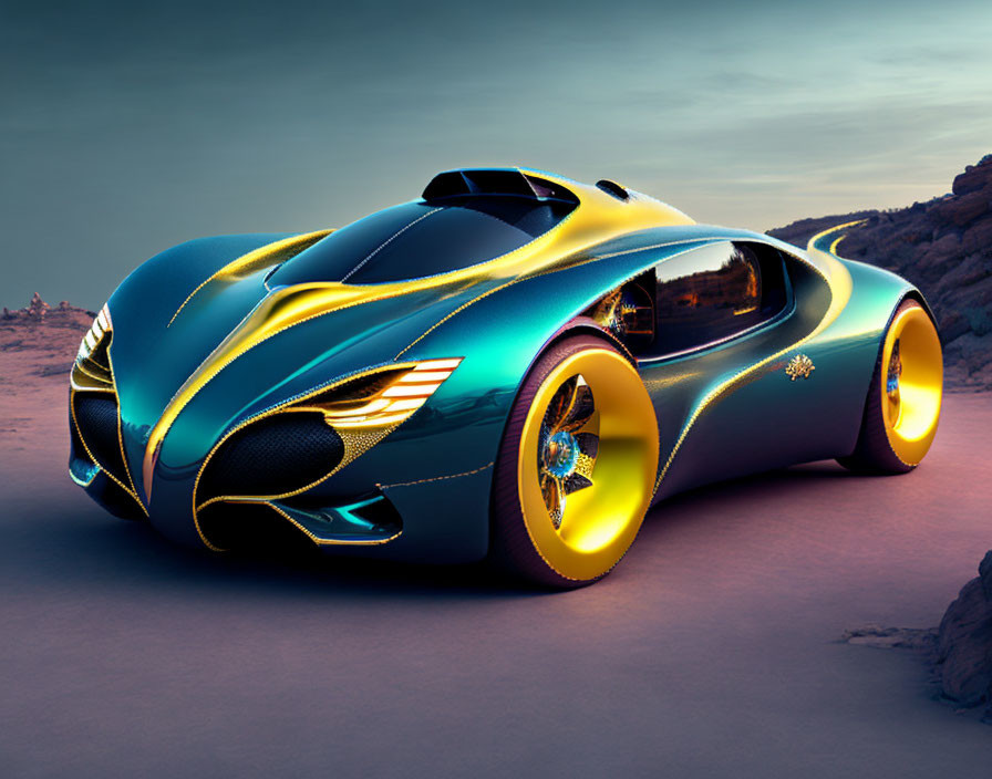 Futuristic Concept Car with Blue and Gold Bodywork on Desert Terrain