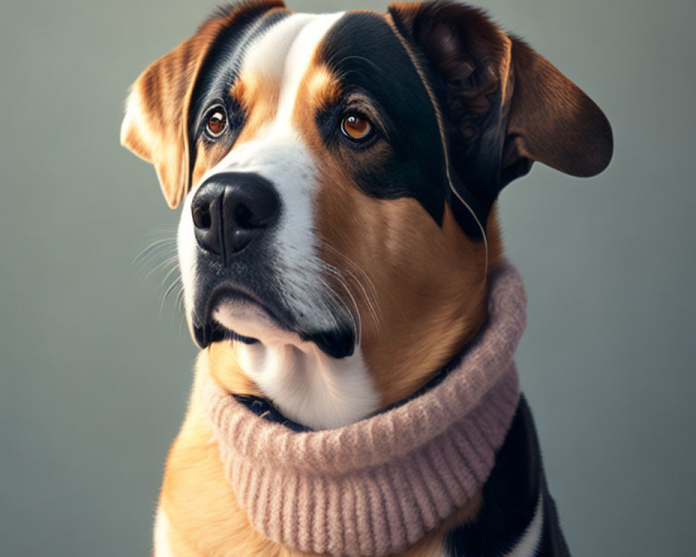 Solemn Dog in Beige Turtleneck on Gray Background