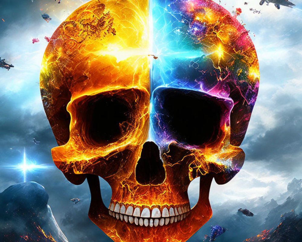 Skull split with lava and cosmic space textures in space battle scene