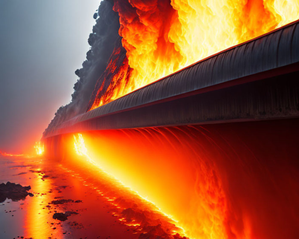 Volcanic eruption illuminates bridge with lava flow