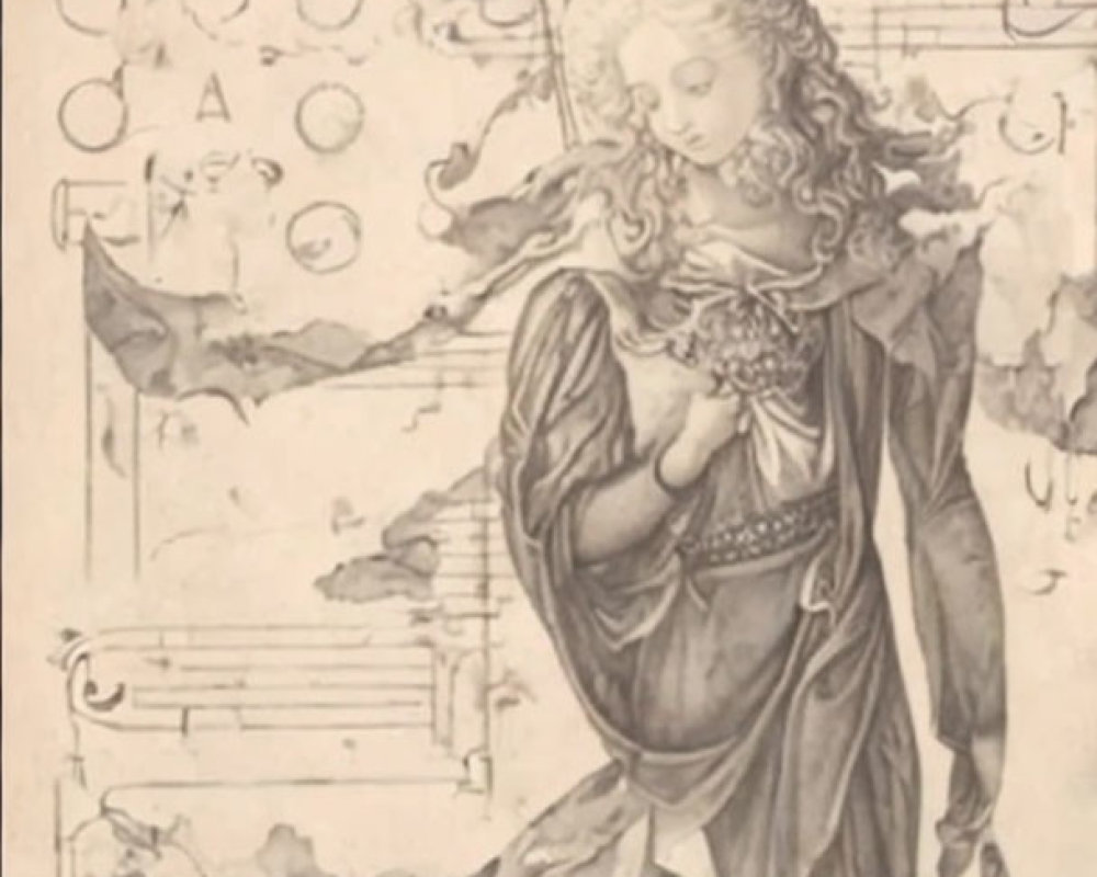 Angelic figure with wings holding bouquet surrounded by musical notes and geometric symbols on parchment-like background