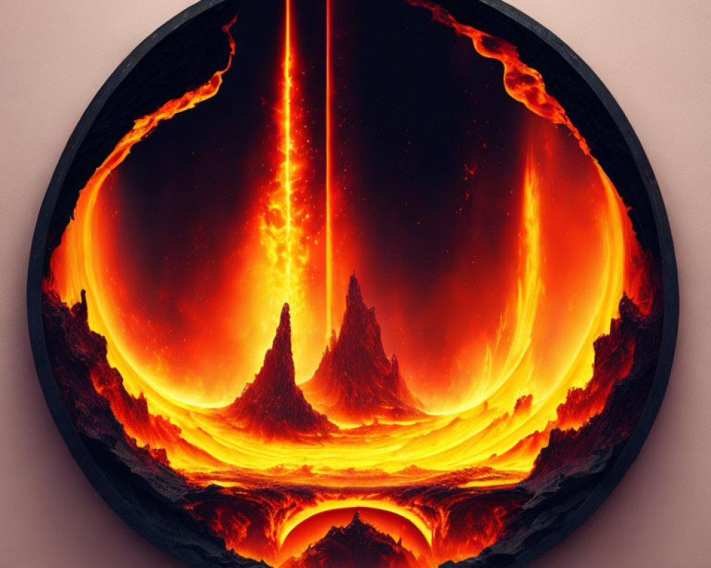 Circular Framed Digital Artwork: Dramatic Volcanic Landscape with Lava Flows