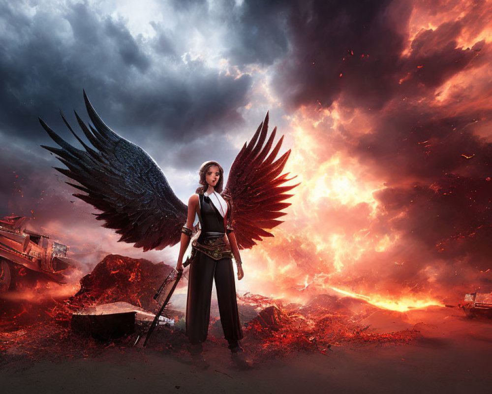 Person with Black Angel Wings Holding Sword in Apocalyptic Ruins