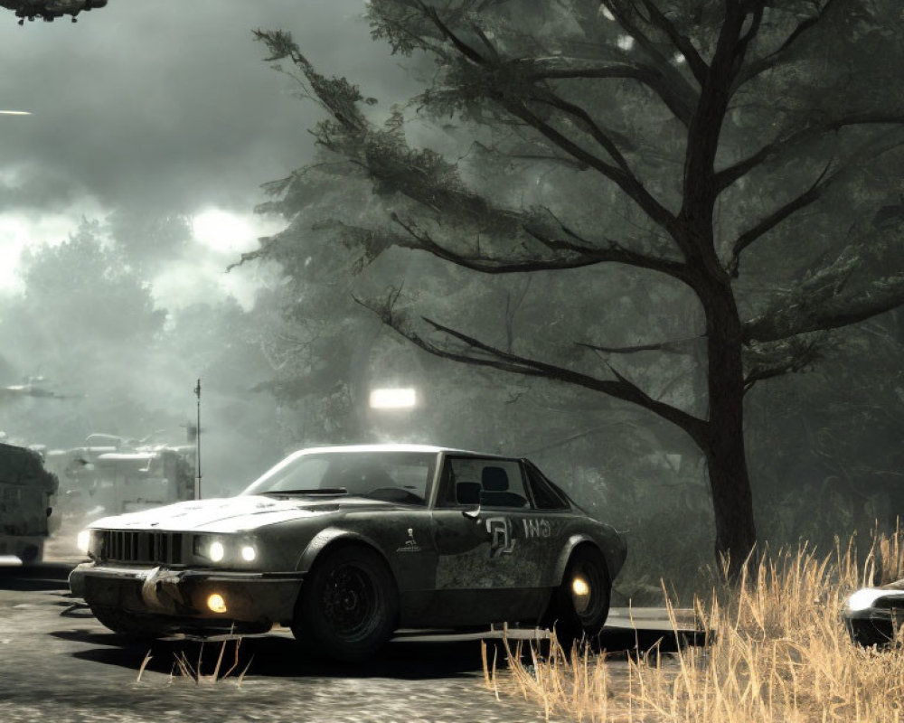 Vintage muscle car with white stripe on gloomy road, helicopters in misty sky