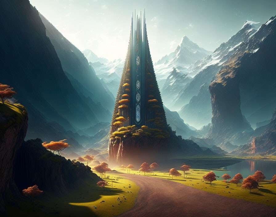 Fantastical landscape with towering spire, mountains, winding road, trees, and soft-lit