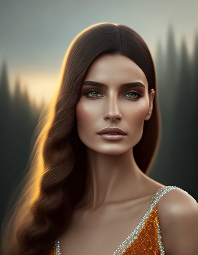 Digital portrait of woman with long wavy hair, green eyes, and golden sequined dress against forest