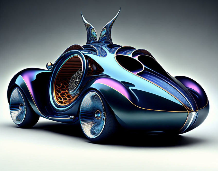 Futuristic blue car with sleek design and fish-like fins