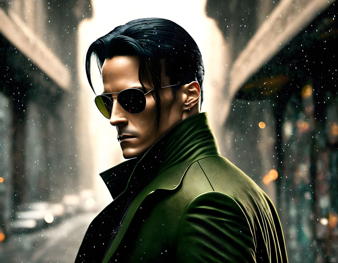 Man with slicked-back hair and sunglasses in green trench coat against city backdrop