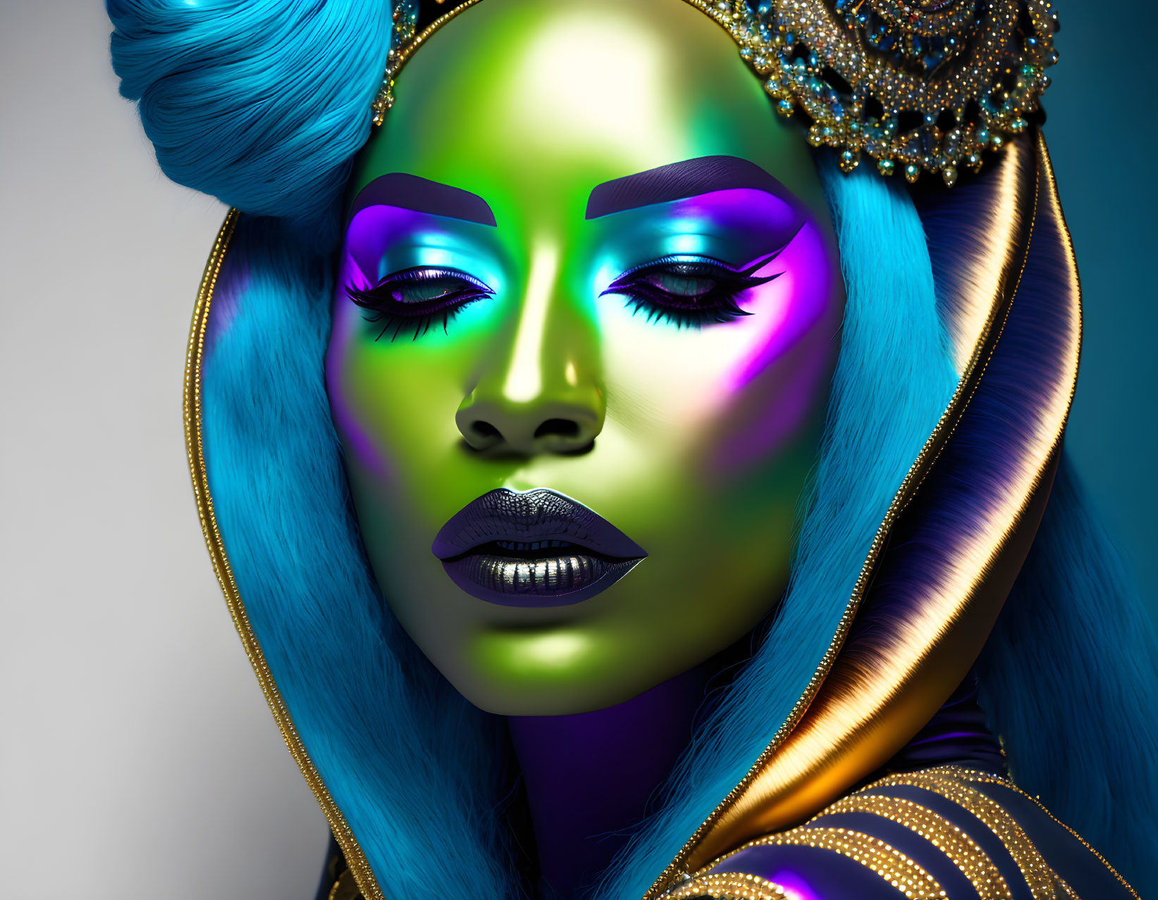 Colorful portrait of person with green skin, purple eye makeup, blue hair, and gold headgear