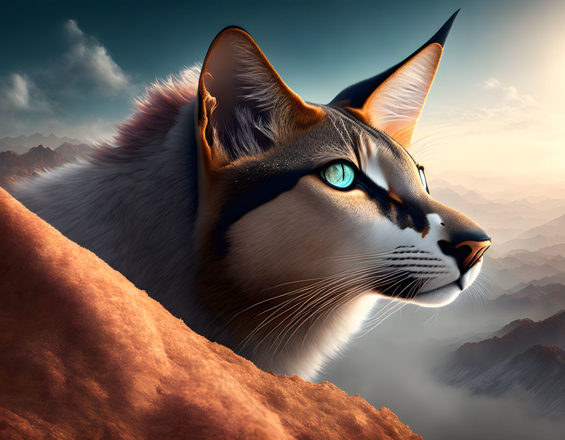 Majestic Cat Digital Artwork with Vibrant Blue Eyes in Mountain Landscape