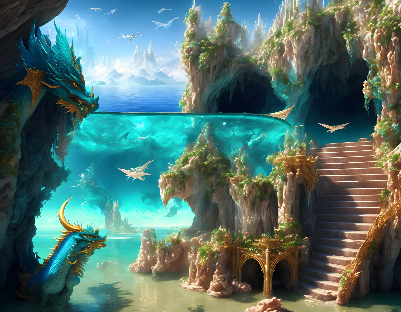 Blue dragon by waterfall with ruins, birds, and cliffs in mystical scene