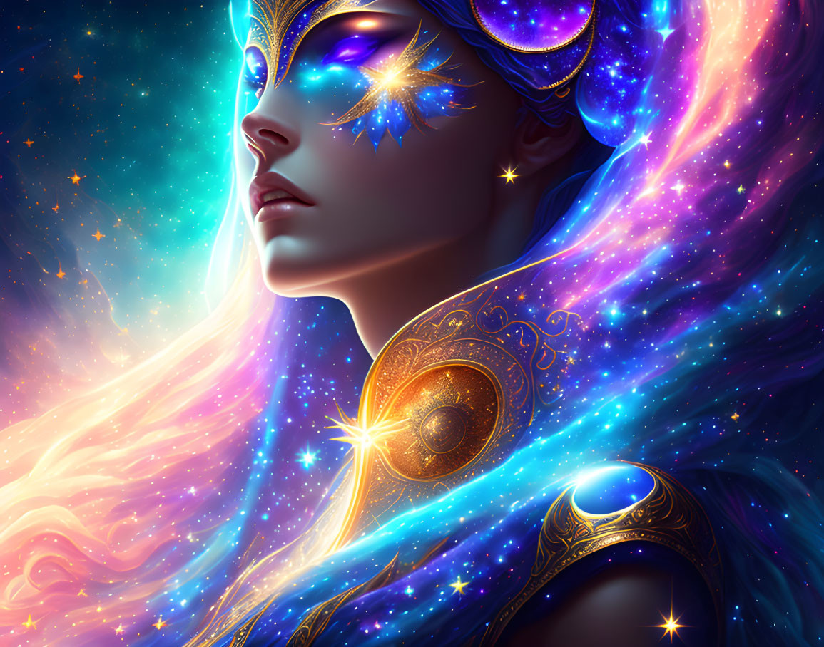 Ethereal figure with cosmic-inspired makeup and armor adorned with stars and nebula-like patterns