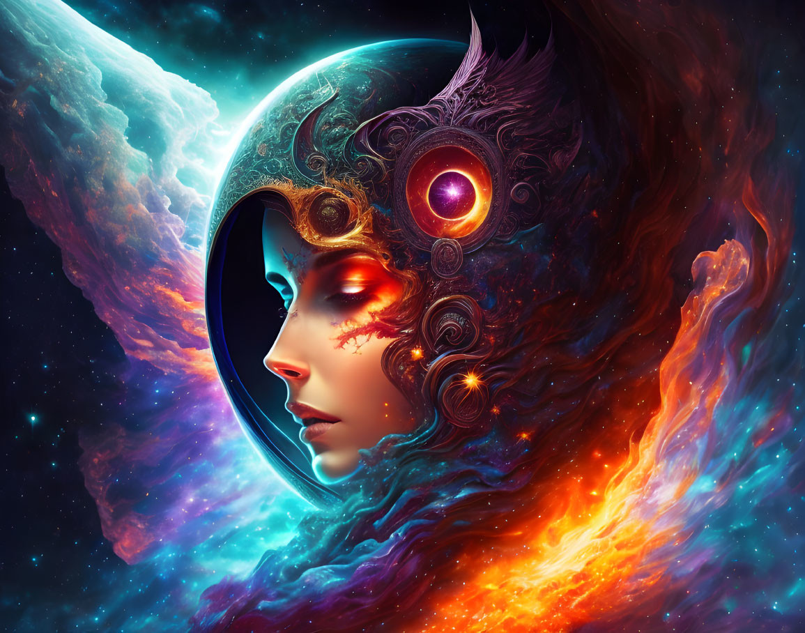 Colorful digital artwork: Female face with cosmic elements, vibrant colors, celestial motifs.