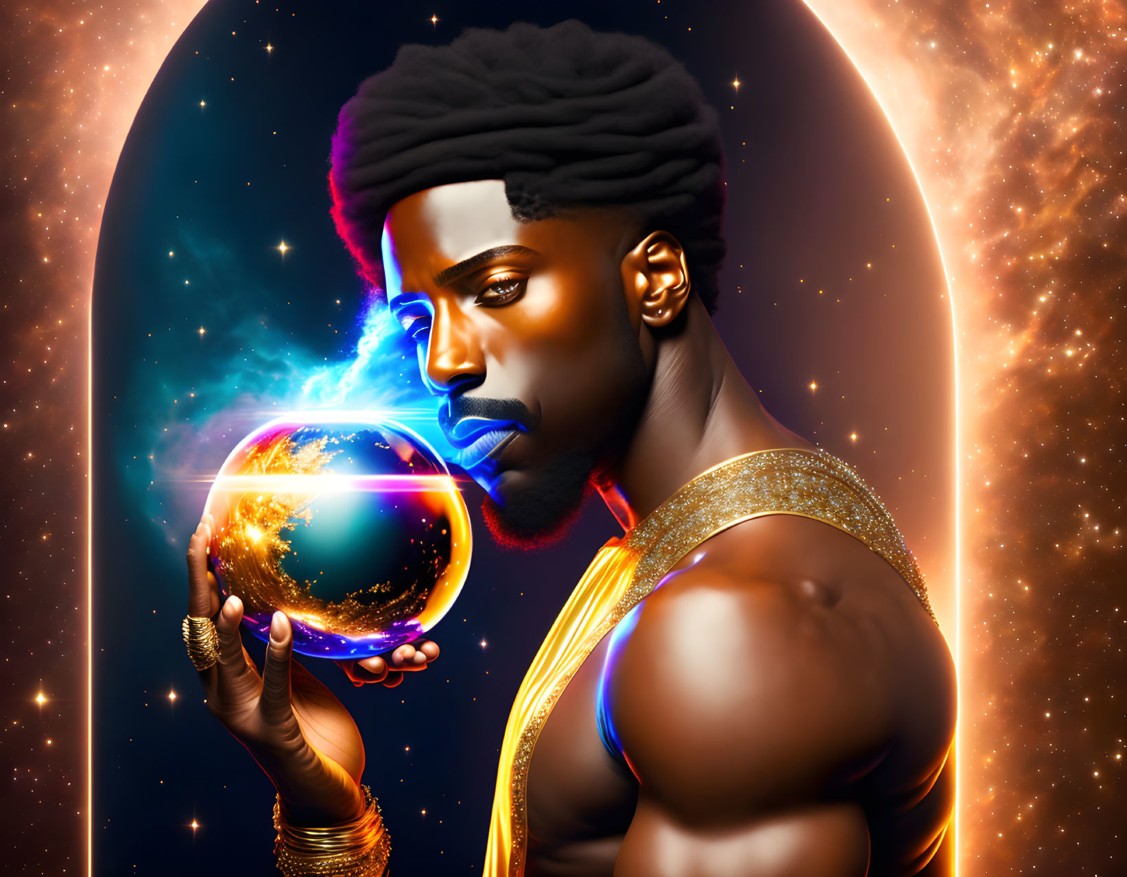 Man with Headband Holding Glowing Orb in Cosmic Digital Art