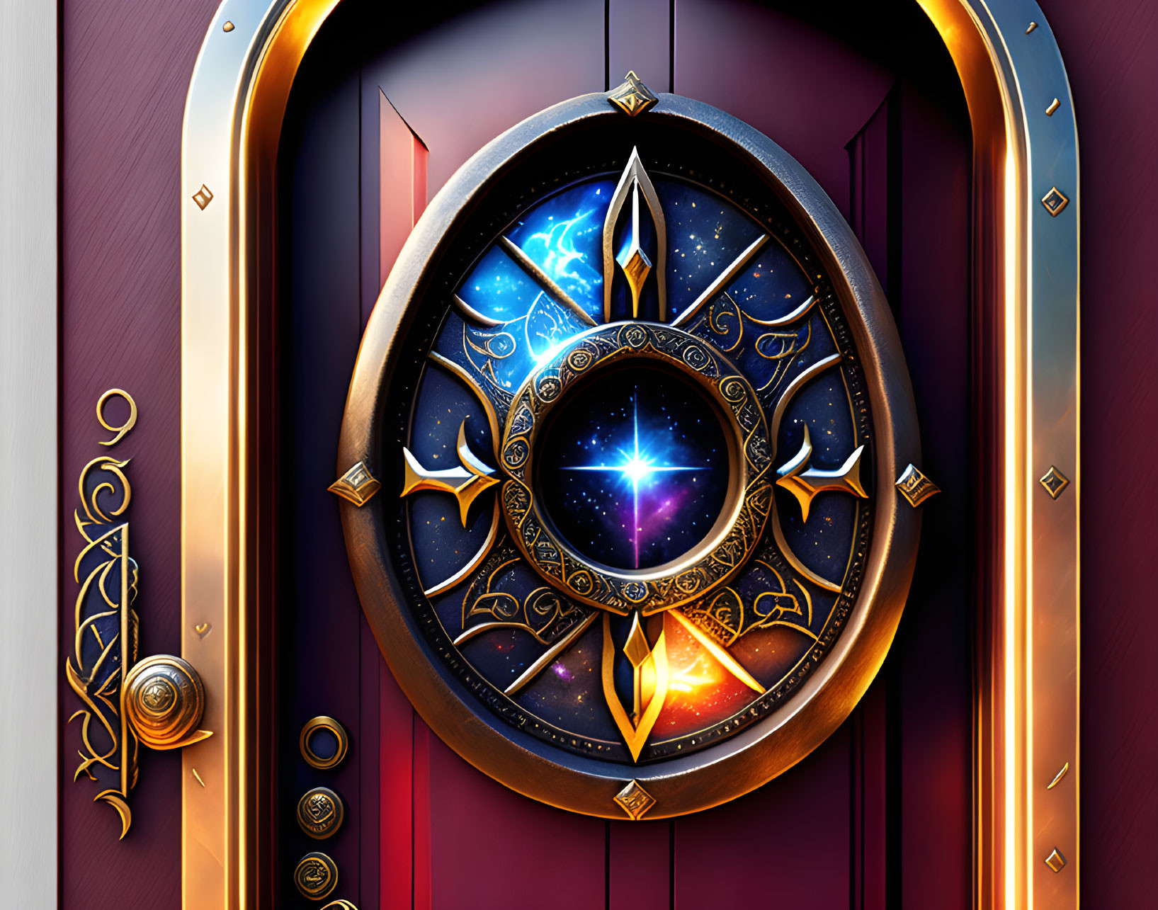 Fantasy door with circular cosmic window and gold-silver accents