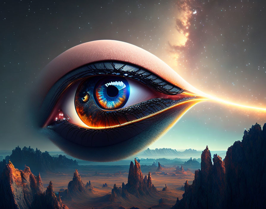 Detailed Close-Up of Surreal Eye in Twilight Landscape